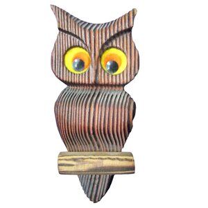 Cryptomeria Wood Vintage Owl Felt Painted Thumbtack Eyes Minor Damage GUC